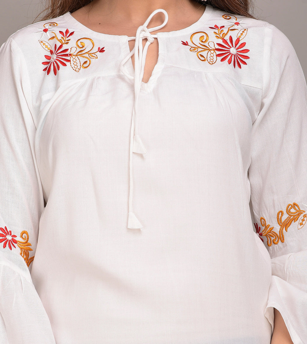 Casual Bell Sleeves Embroidered Women White Top