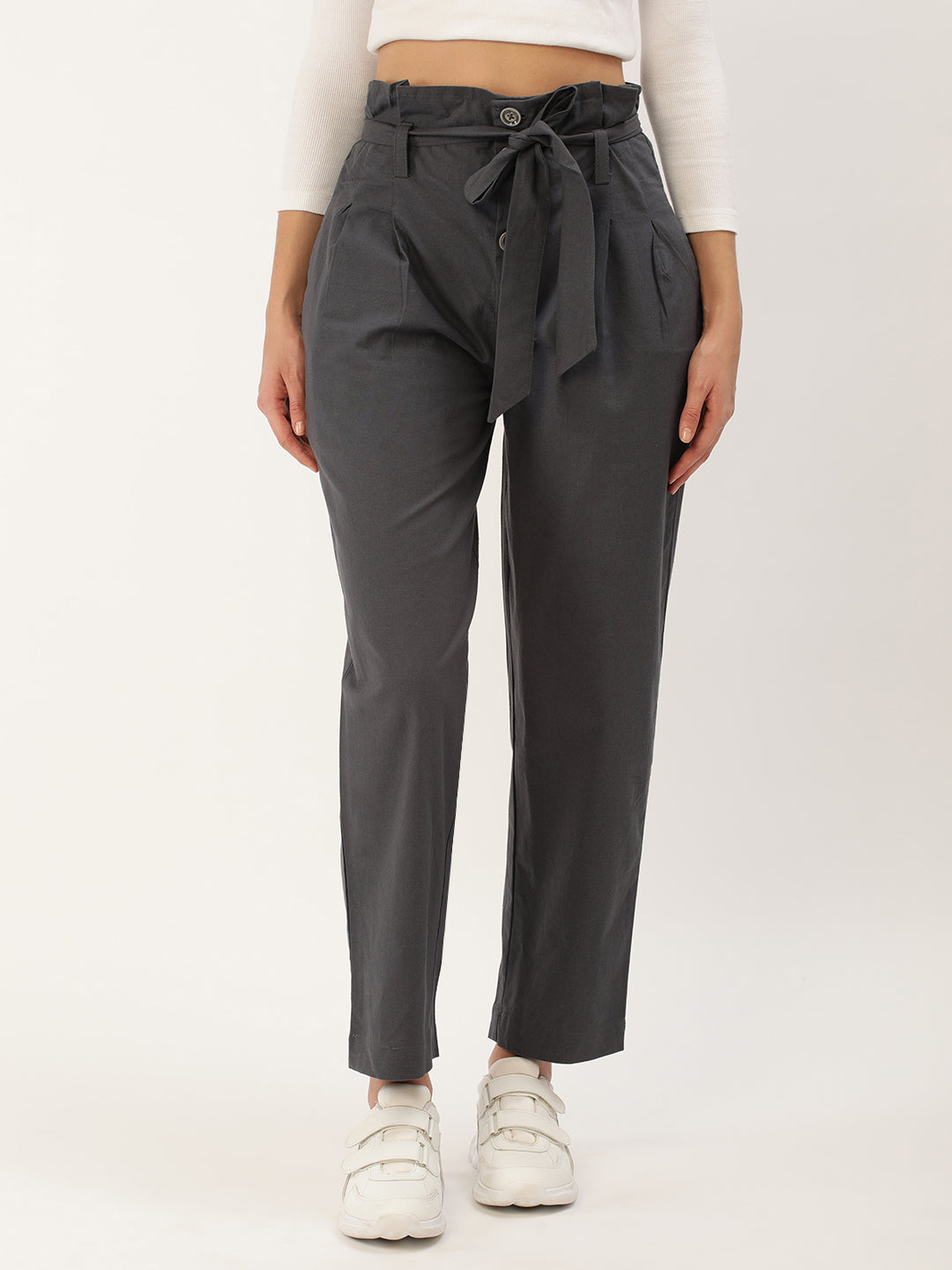 Women Regular Fit Grey Pure Cotton Trousers