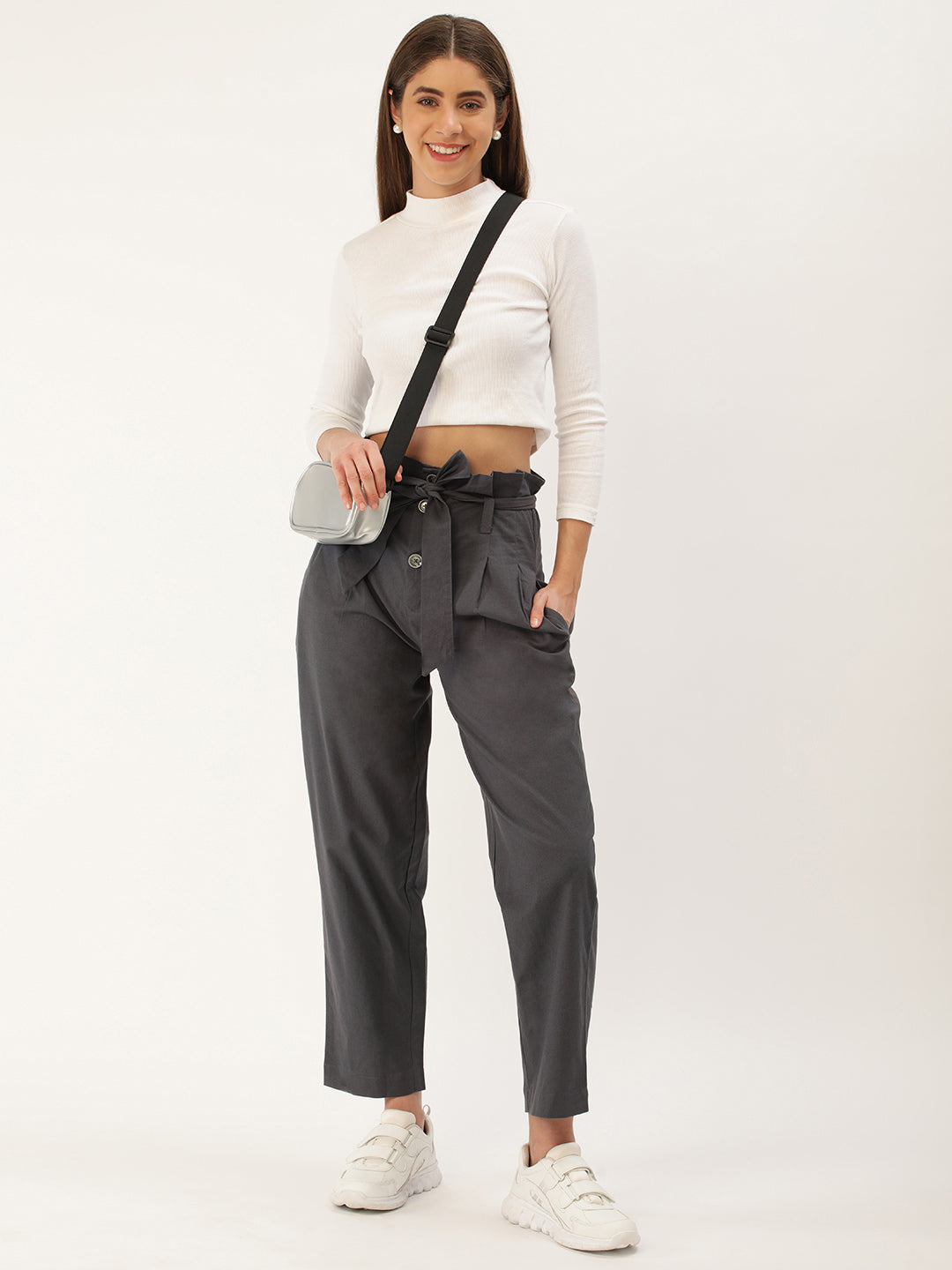 Women Regular Fit Grey Pure Cotton Trousers
