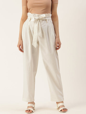 Women Regular Fit WHITE Pure Cotton Trousers