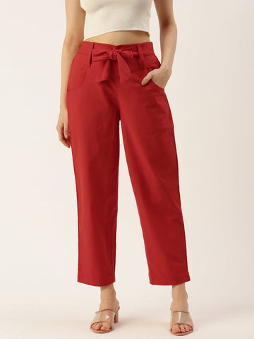 Women Regular Fit RED Pure Cotton Trousers