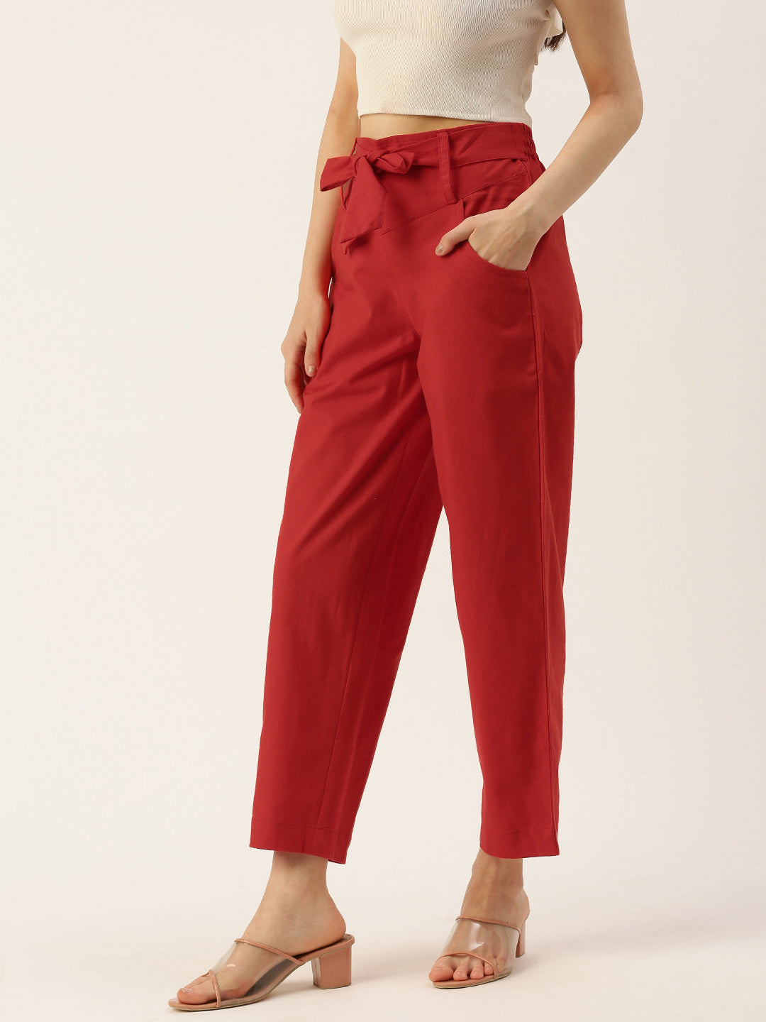 Women Regular Fit RED Pure Cotton Trousers