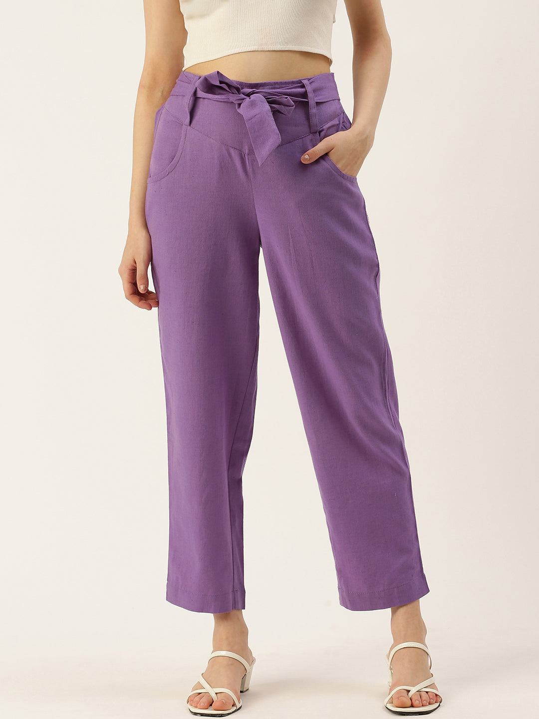 Women Regular Fit PURPLE Pure Cotton Trousers