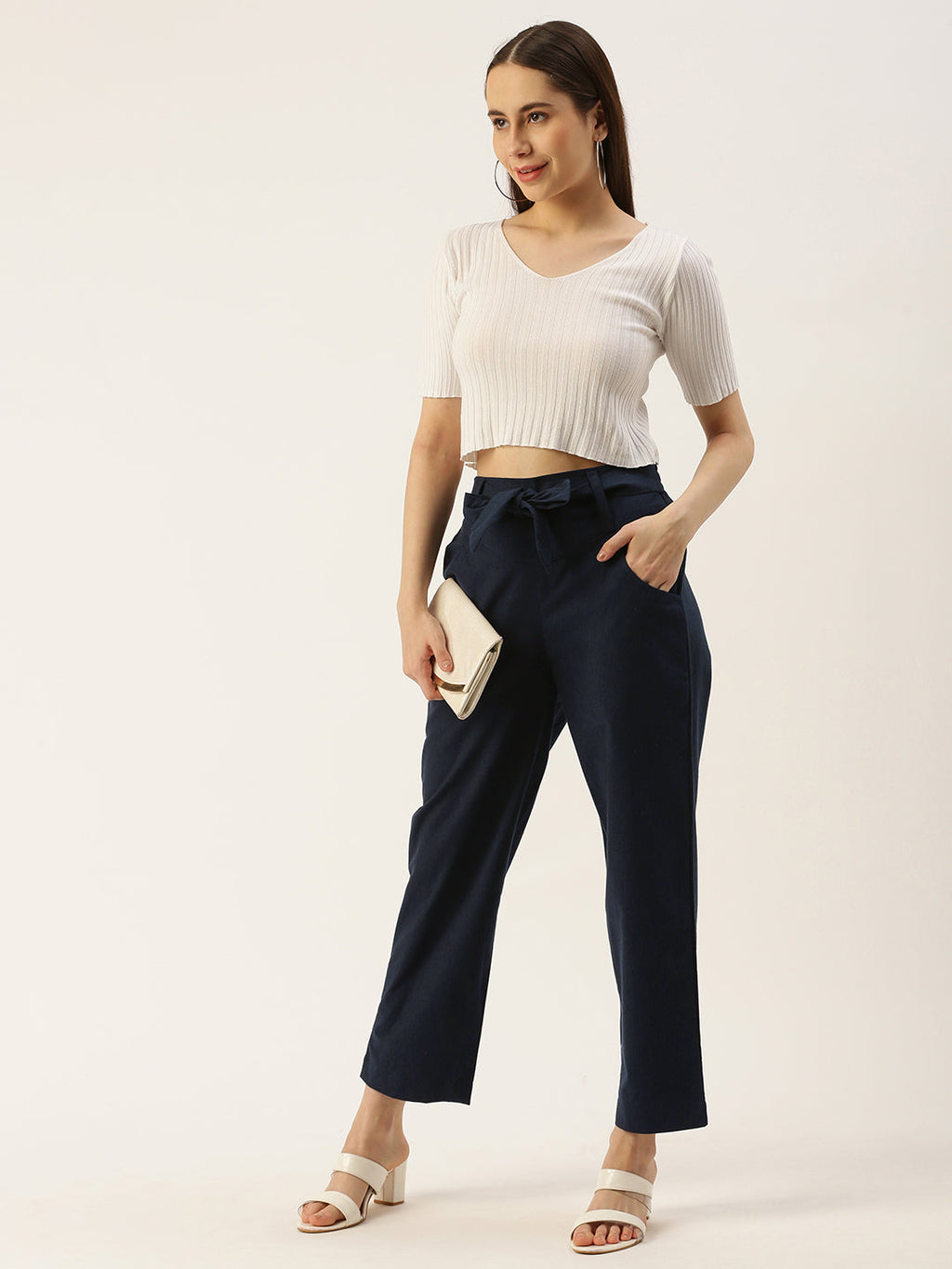 Women Regular Fit N BLUE Pure Cotton Trousers