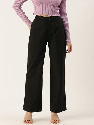 Women Regular Fit BLACK Pure Cotton Trousers