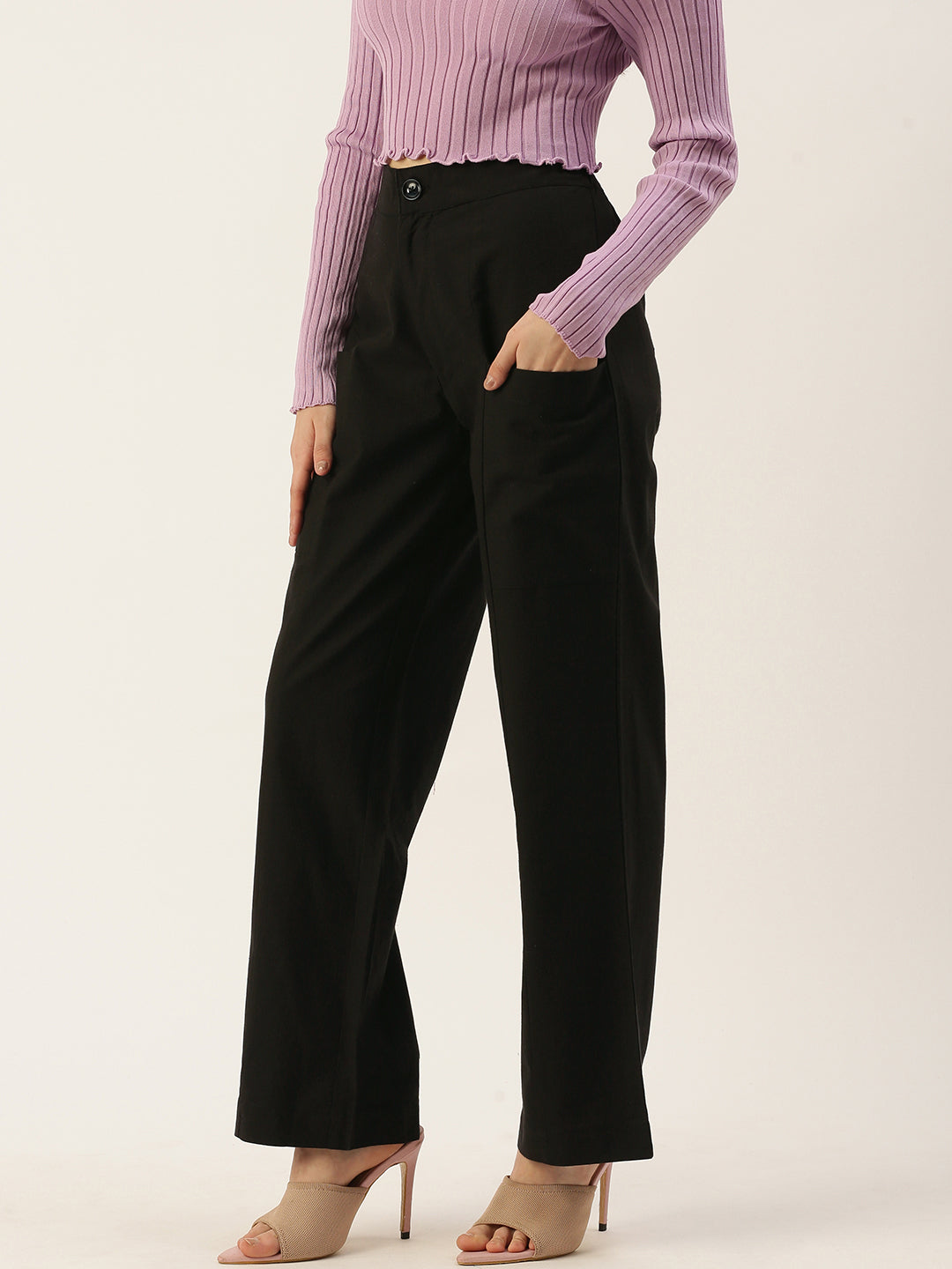 Women Regular Fit BLACK Pure Cotton Trousers