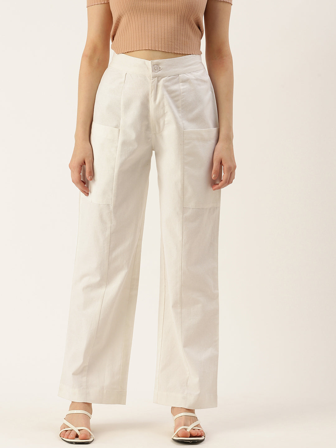 Women Regular Fit WHITE Pure Cotton Trousers
