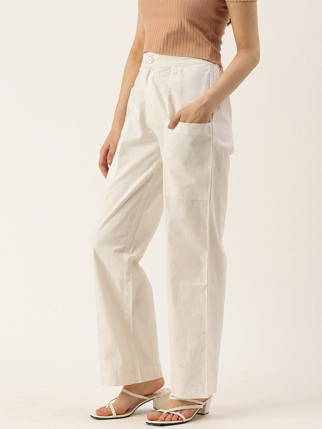 Women Regular Fit WHITE Pure Cotton Trousers