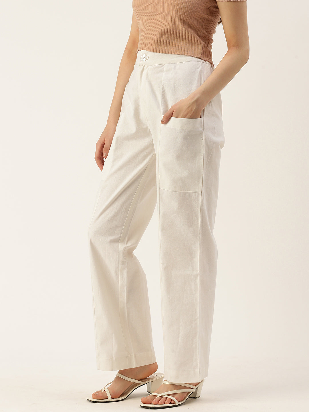 Women Regular Fit WHITE Pure Cotton Trousers