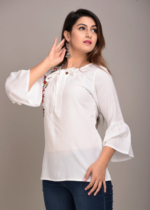 Casual Regular Sleeves Embroidered Women White Top