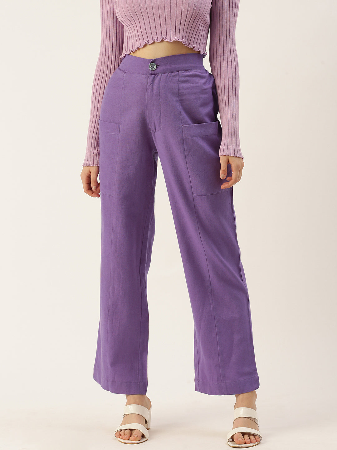 Women Regular Fit PURPLE Pure Cotton Trousers