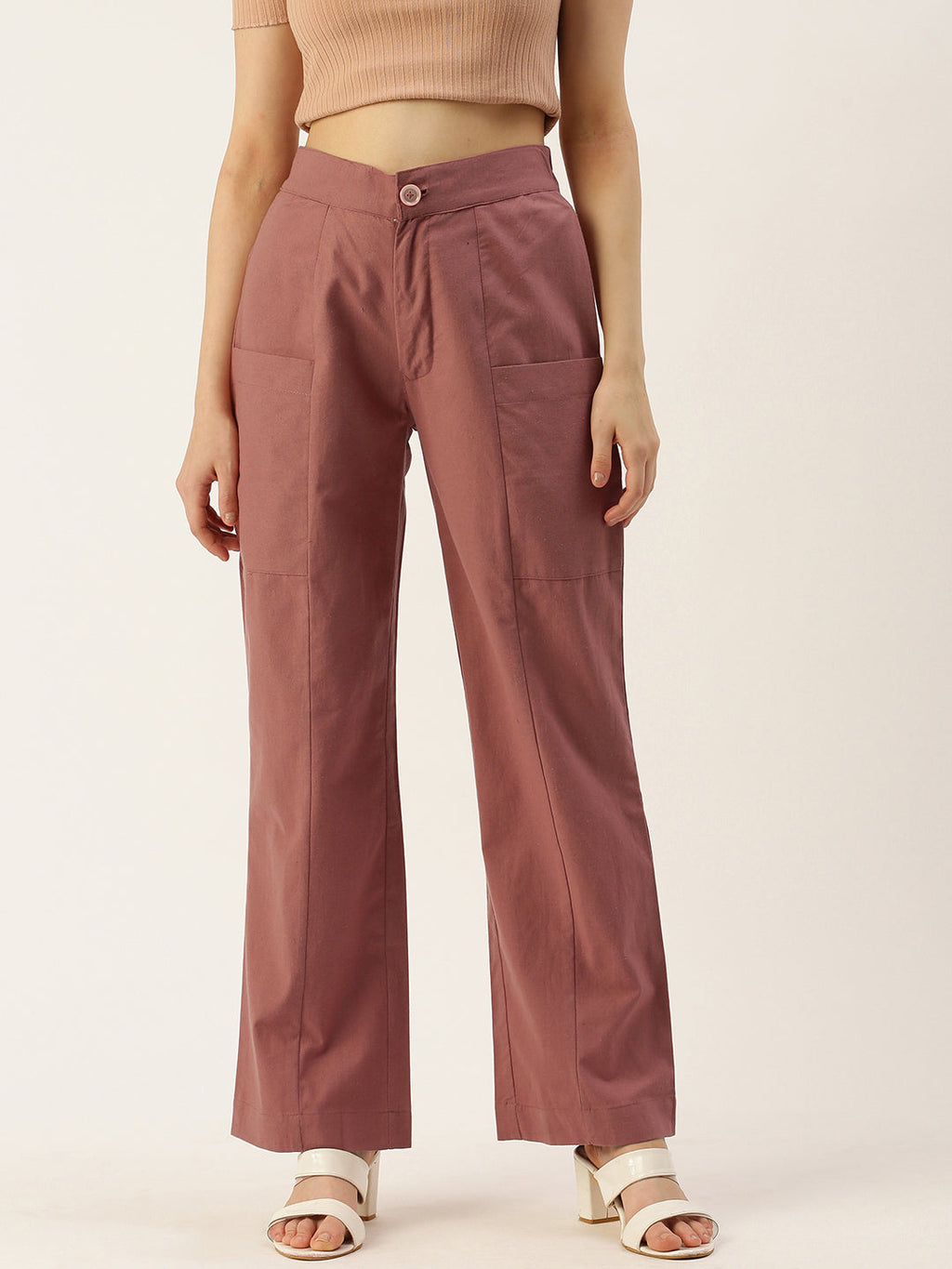Women Regular Fit RUST Pure Cotton Trousers