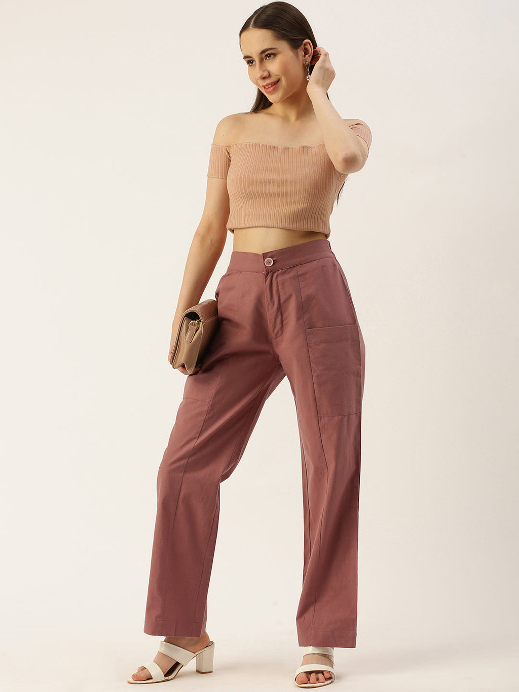Women Regular Fit RUST Pure Cotton Trousers