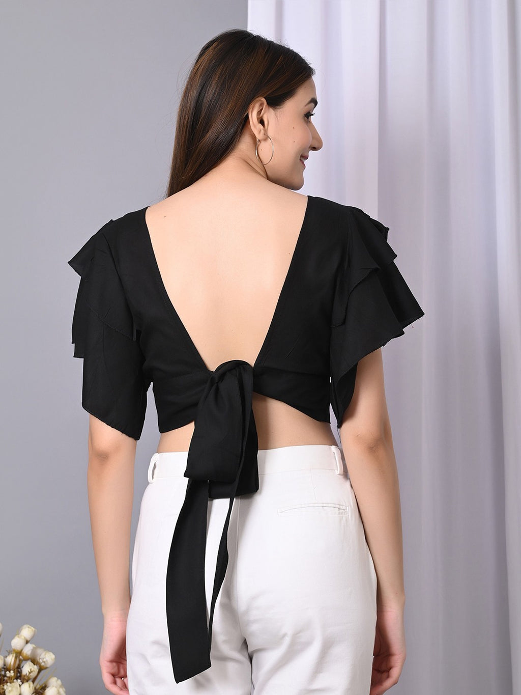 Boat Neck Flutter Sleeve Ruffles Crop Top