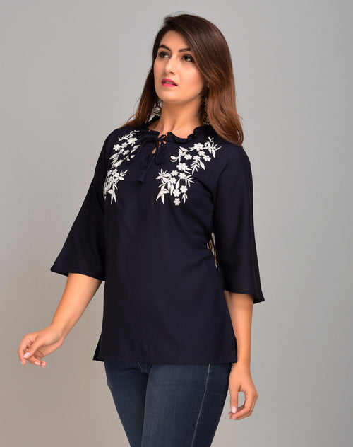 Casual Regular Sleeves Embroidered Women Blue Top