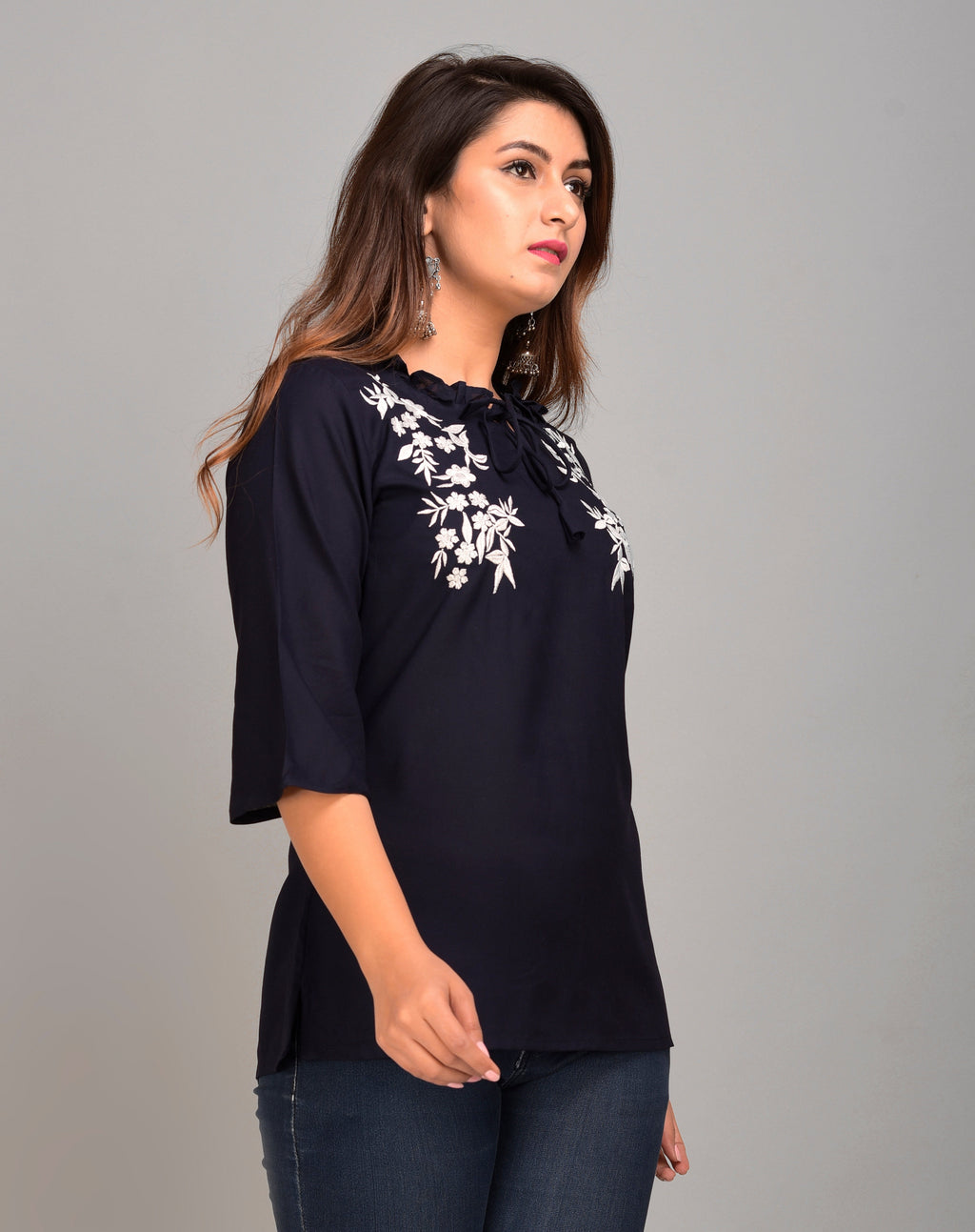 Casual Regular Sleeves Embroidered Women Blue Top