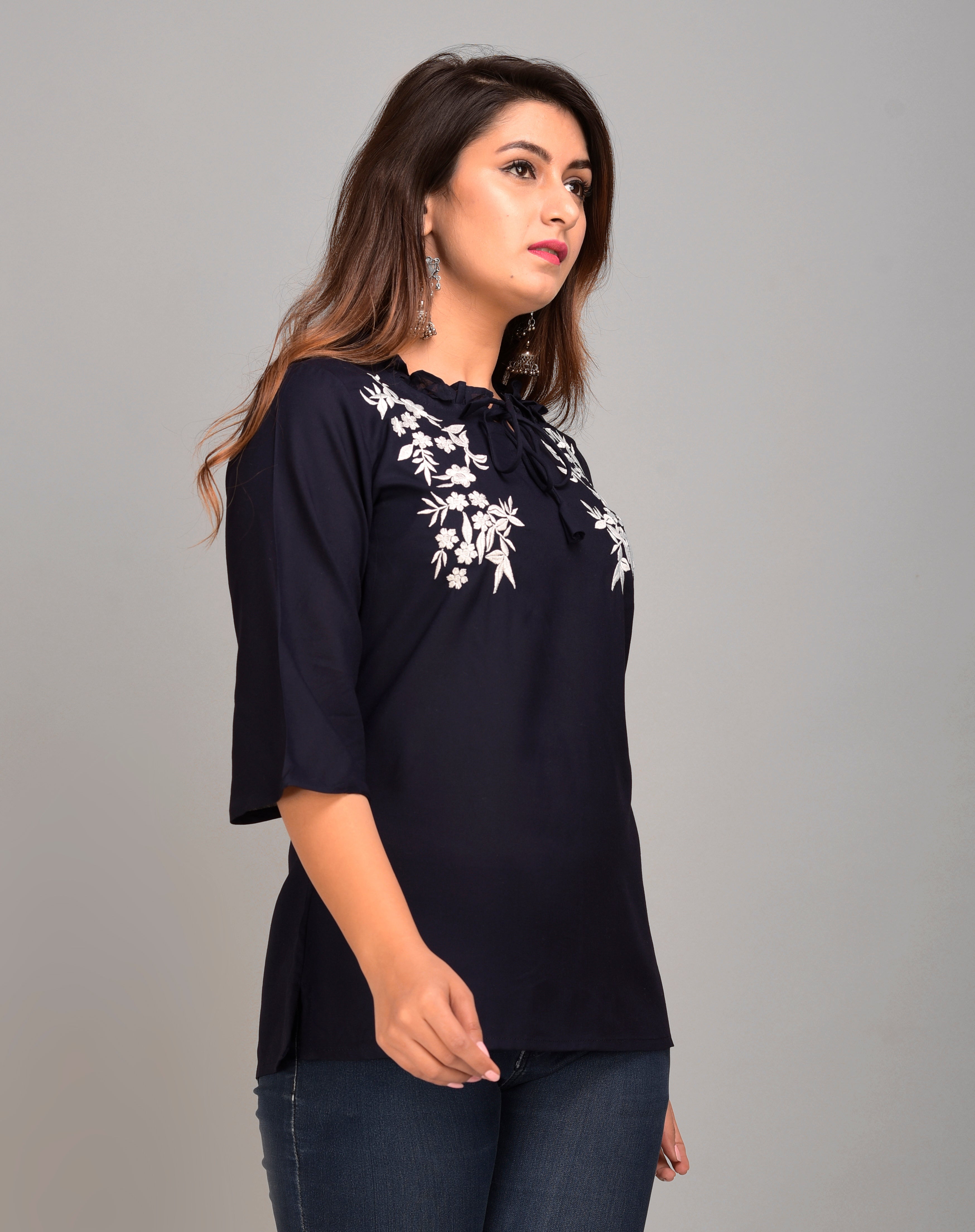 Casual Regular Sleeves Embroidered Women Blue Top