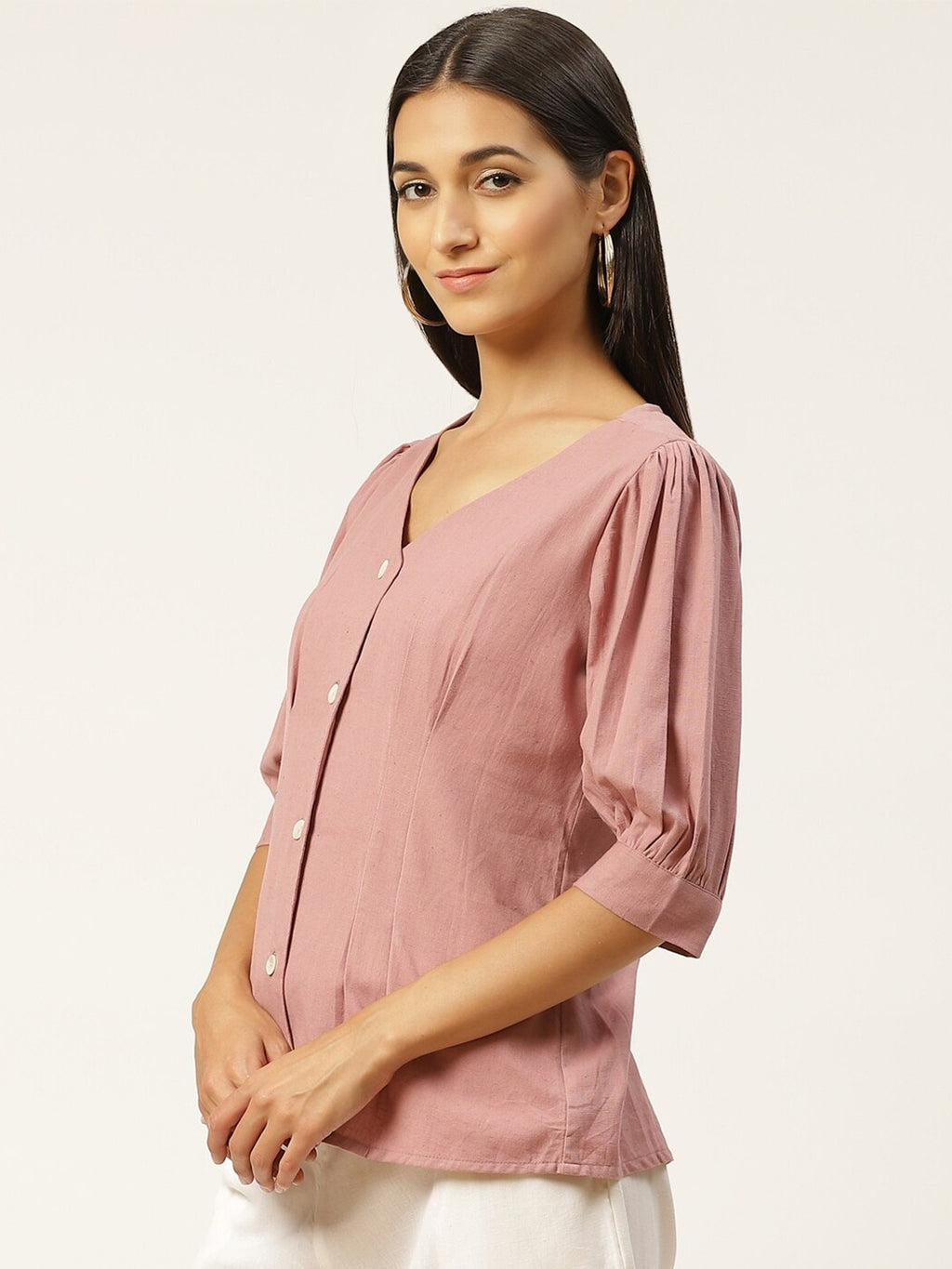 Women Peach-Coloured V-Neck Shirt-Style Top