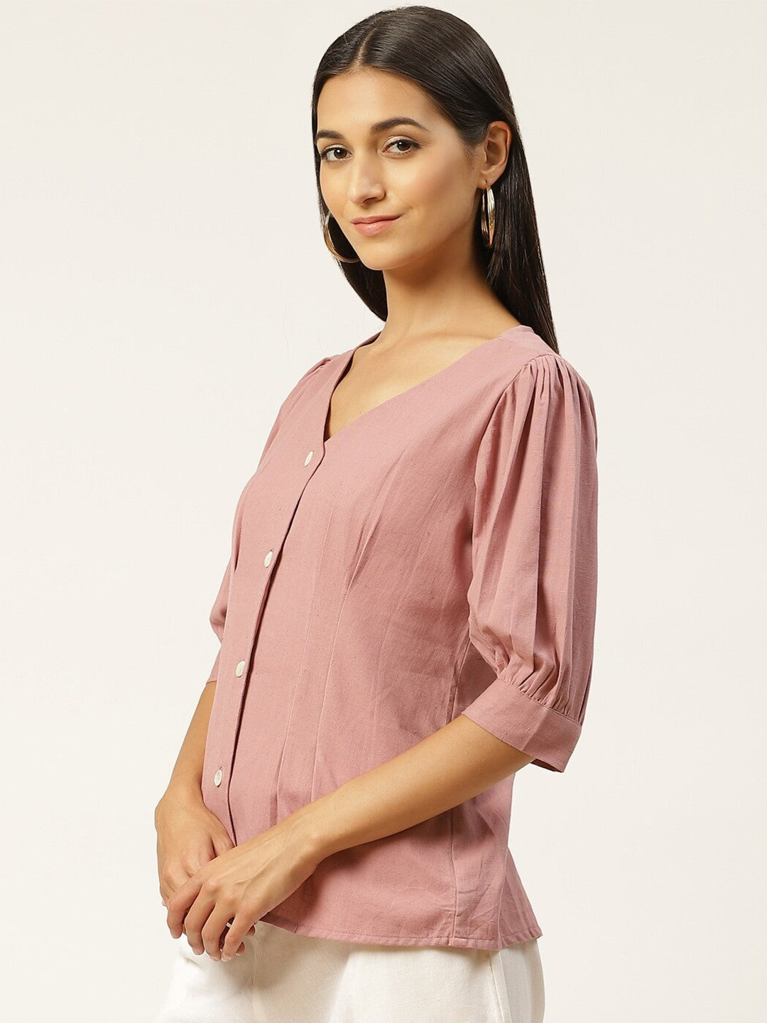 Women Peach-Coloured V-Neck Shirt-Style Top