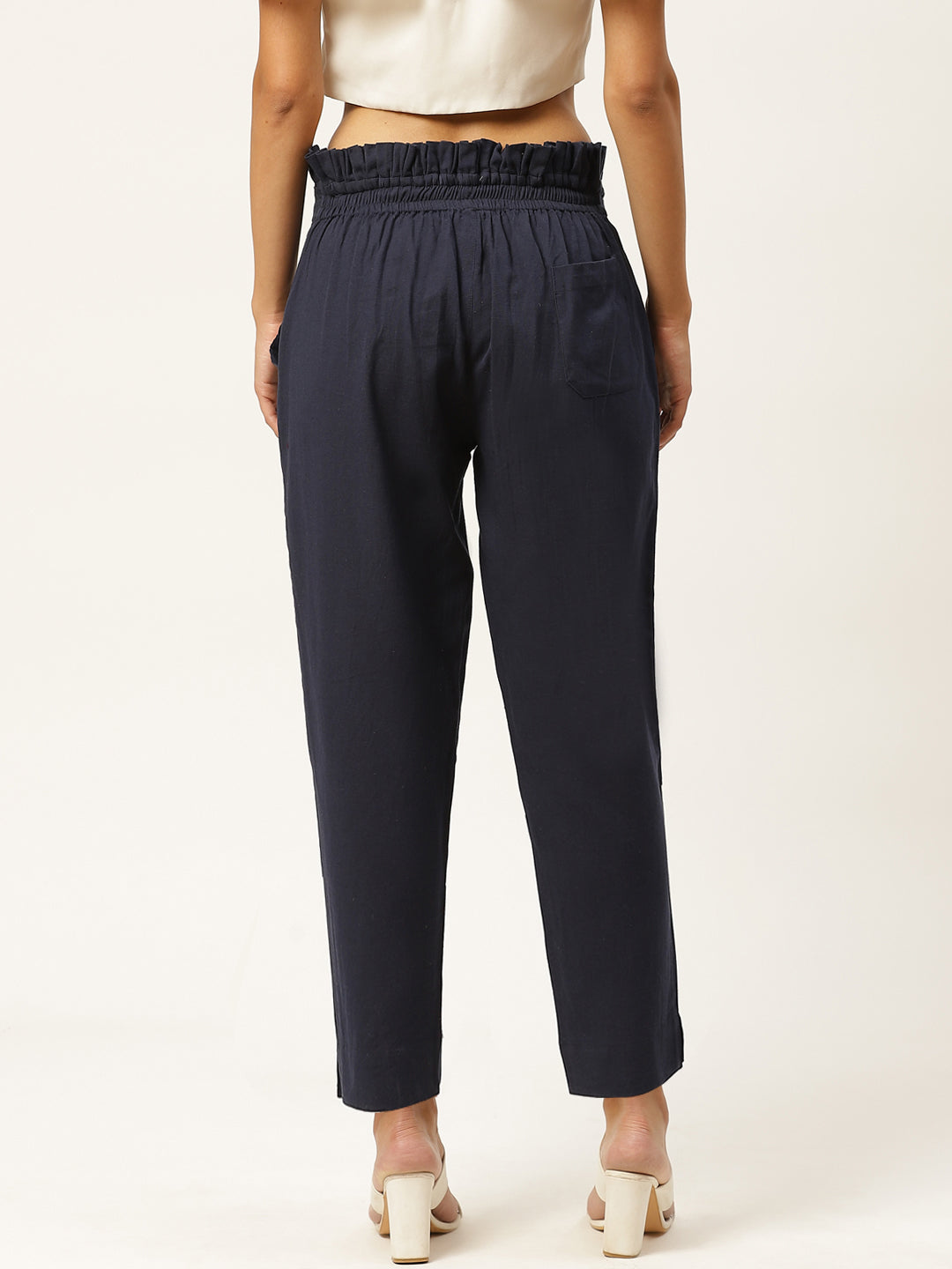 Women Regular Fit Navy Blue Pure Cotton Trousers