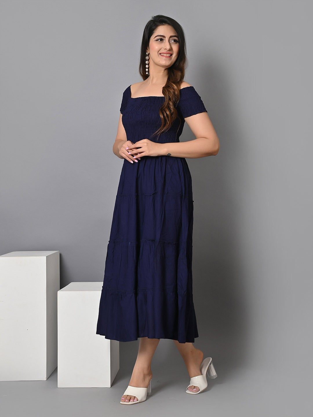 Square Neck Smocked Tiered Fit & Flare Midi Dress