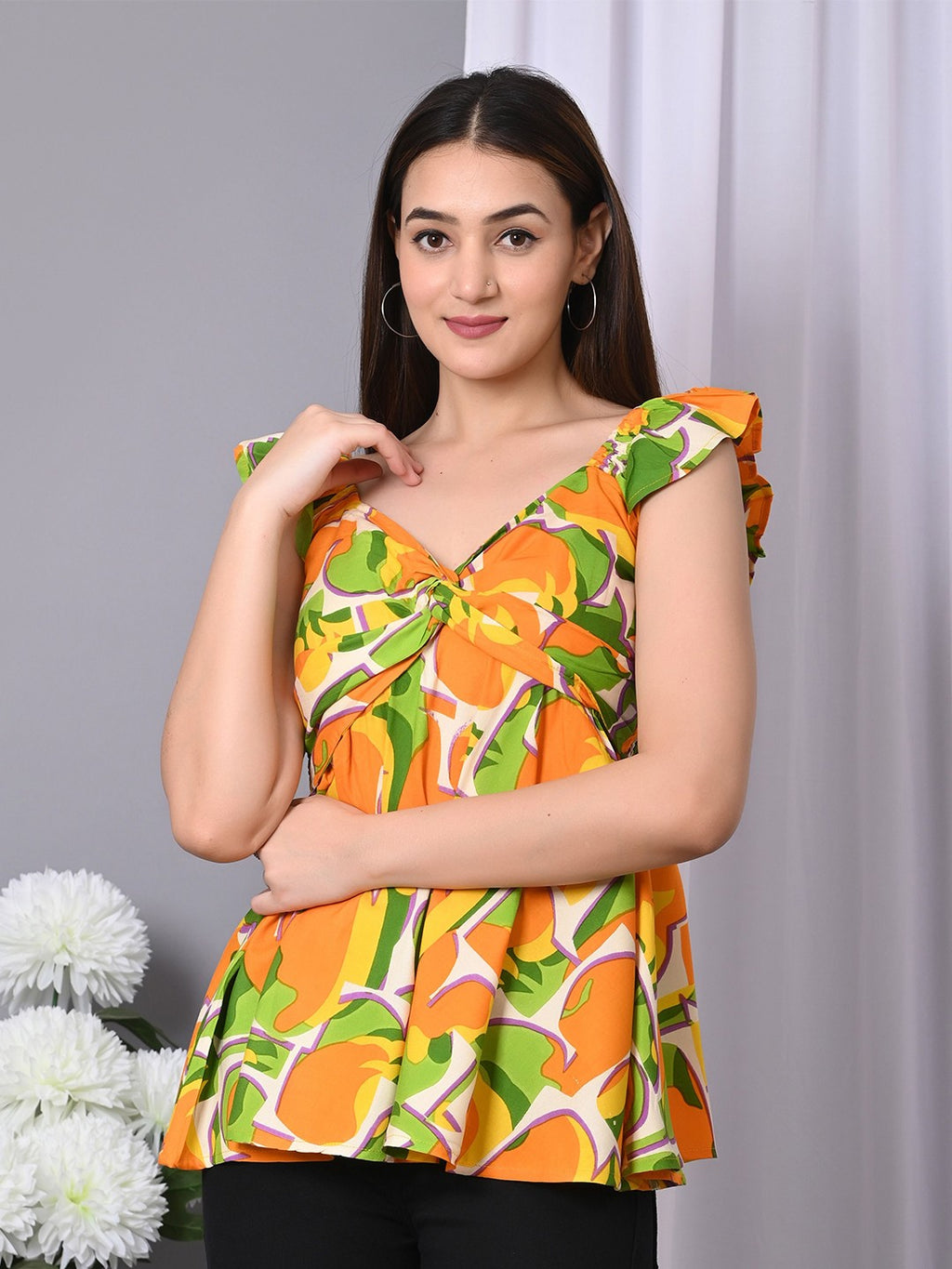 Abstract Printed V-Neck Twisted Longline Top