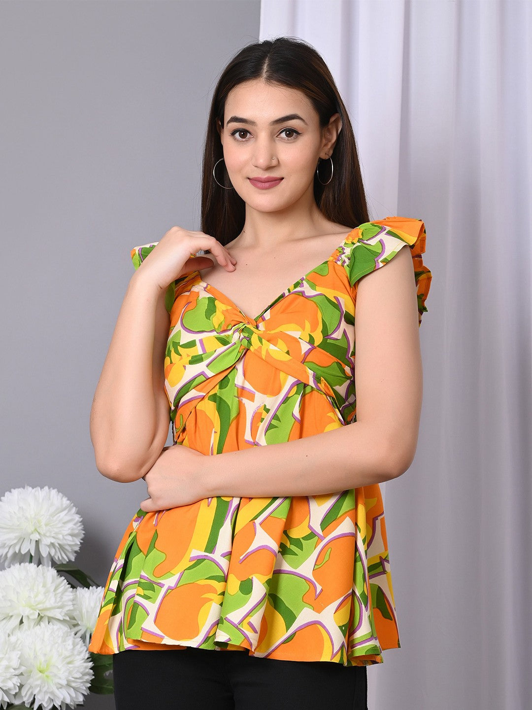 Abstract Printed V-Neck Twisted Longline Top