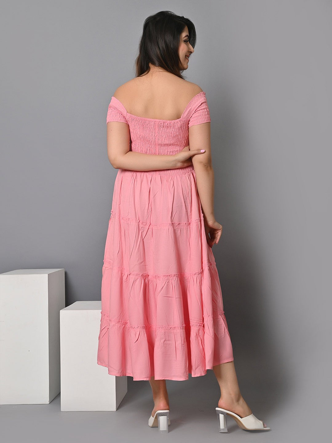 Off Shoulder Smocked Tiered Fit & Flare Midi Dress