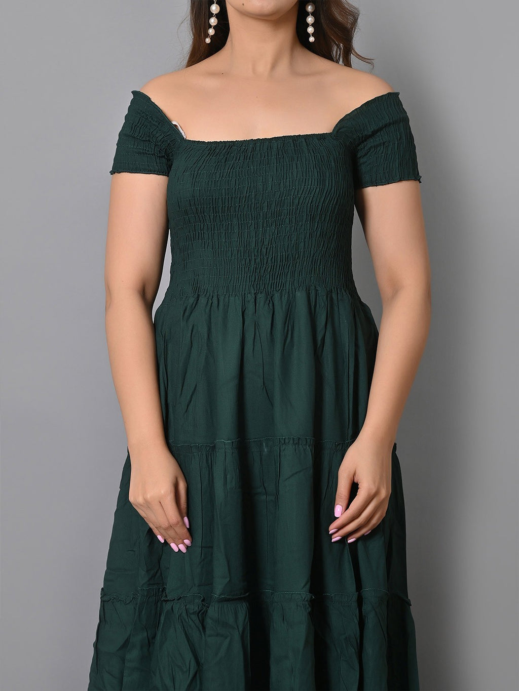 Off Shoulder Smocked Tiered Fit & Flare Midi Dress