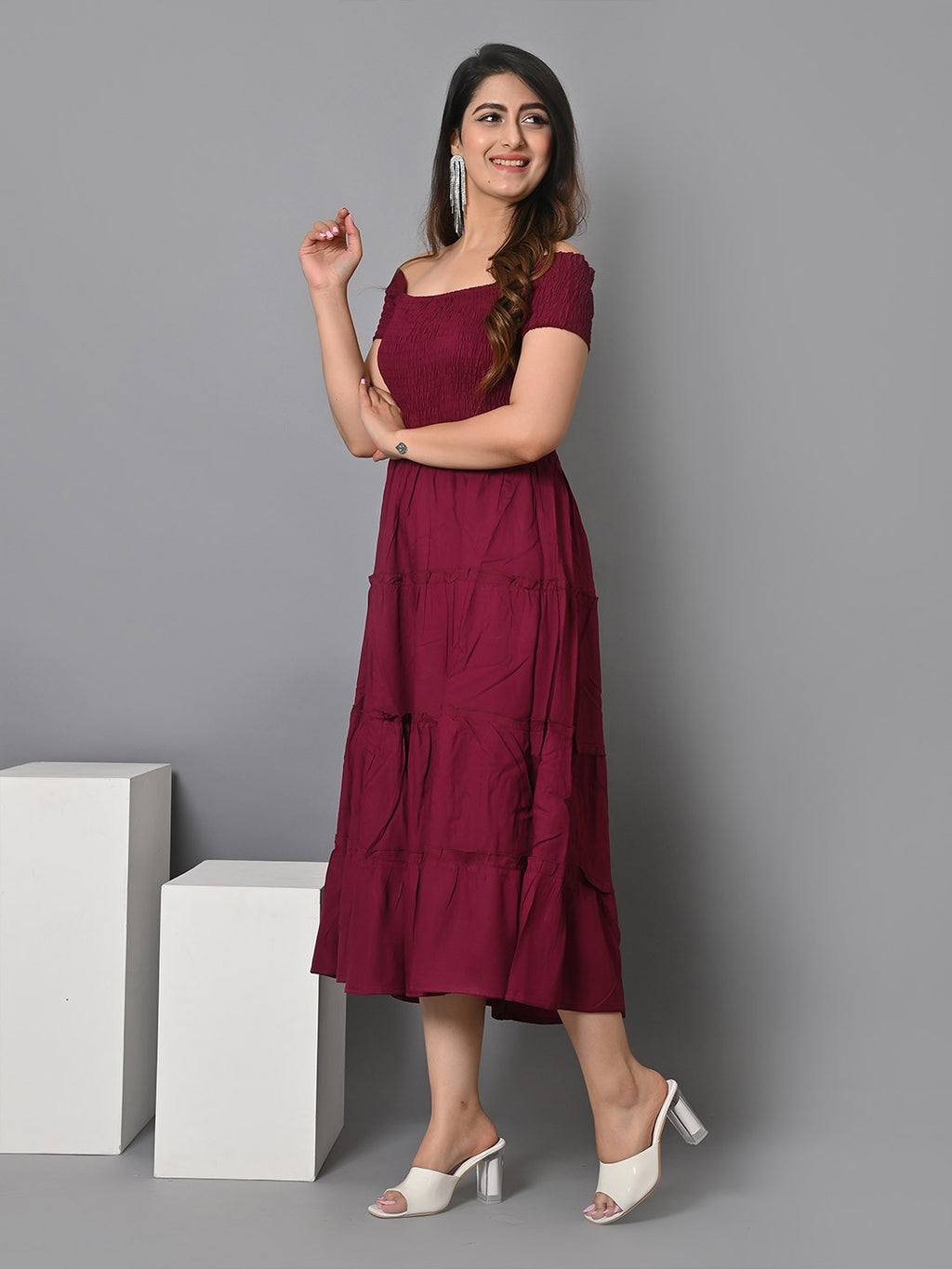 Off Shoulder Smocked Tiered Fit & Flare Midi Dress
