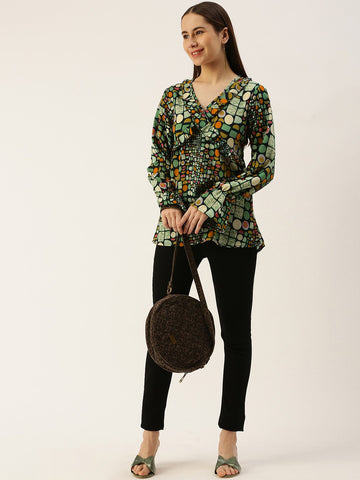 Geometric Print V-Neck Top With Ruffle Detail