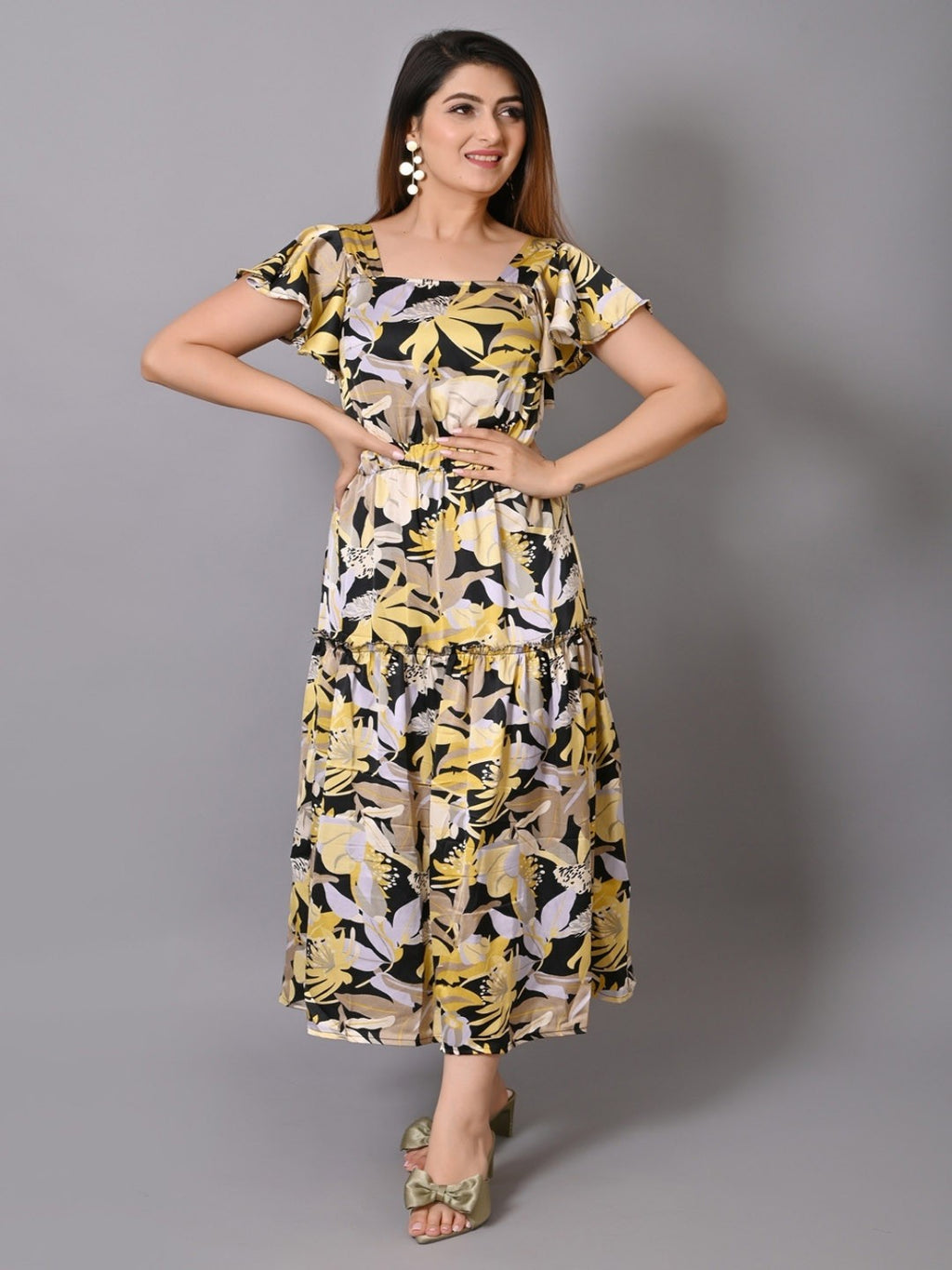 Multicoloured & halogen blue Floral Maxi Dress