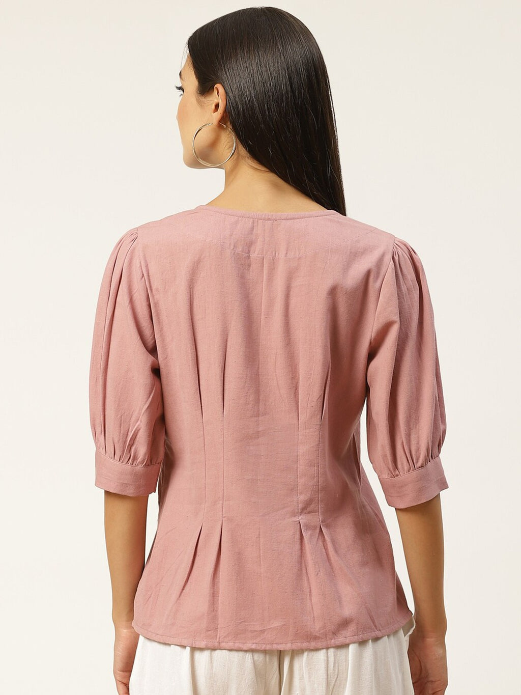 Women Peach-Coloured V-Neck Shirt-Style Top