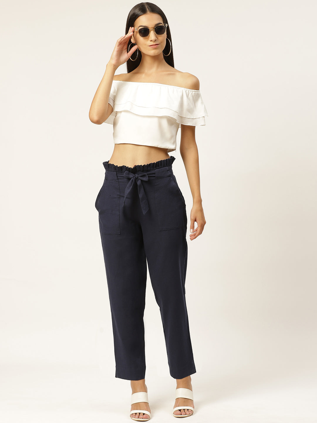 Women Regular Fit Navy Blue Pure Cotton Trousers