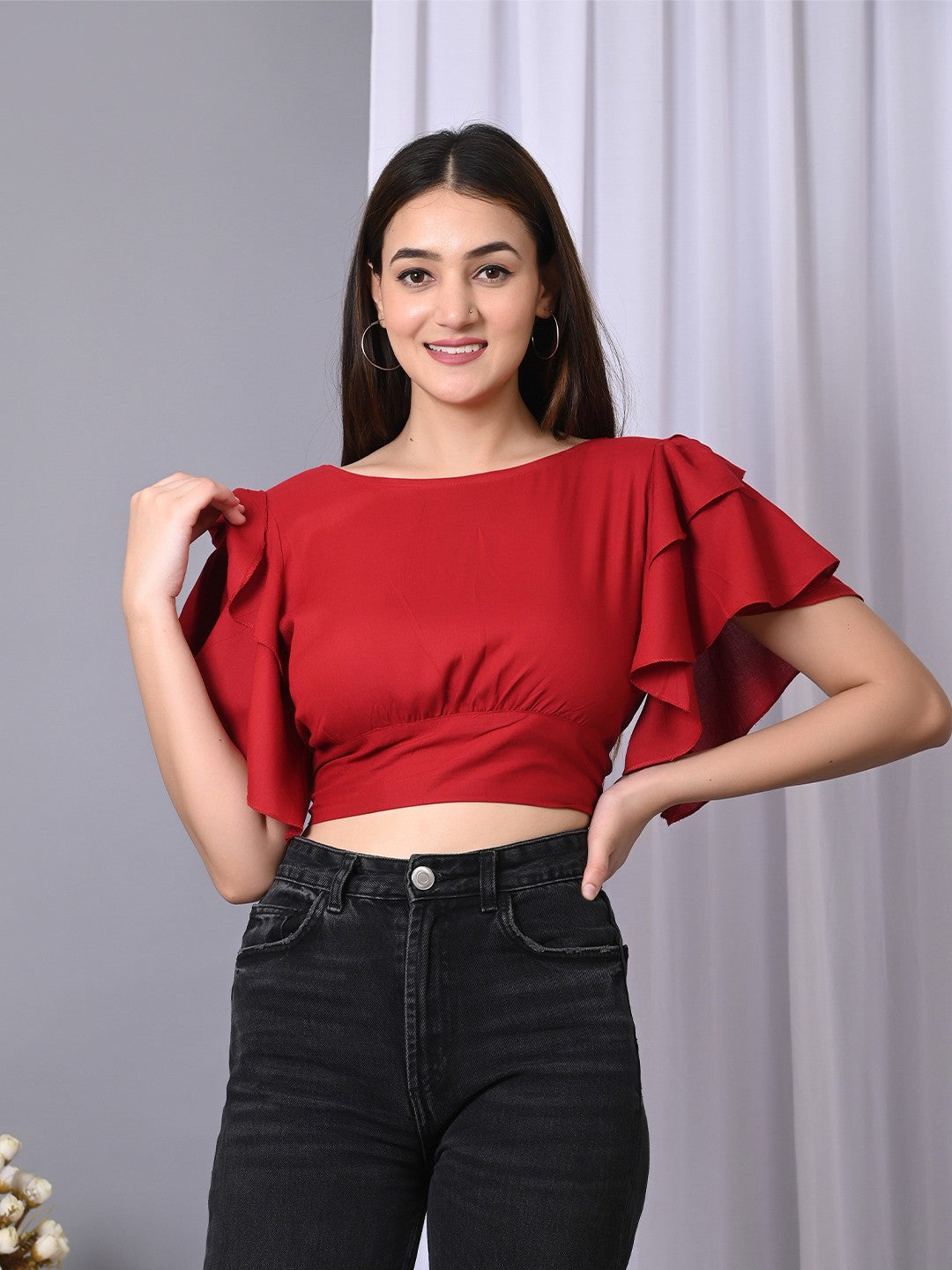 Boat Neck Flared Sleeve Ruffles Crop Top