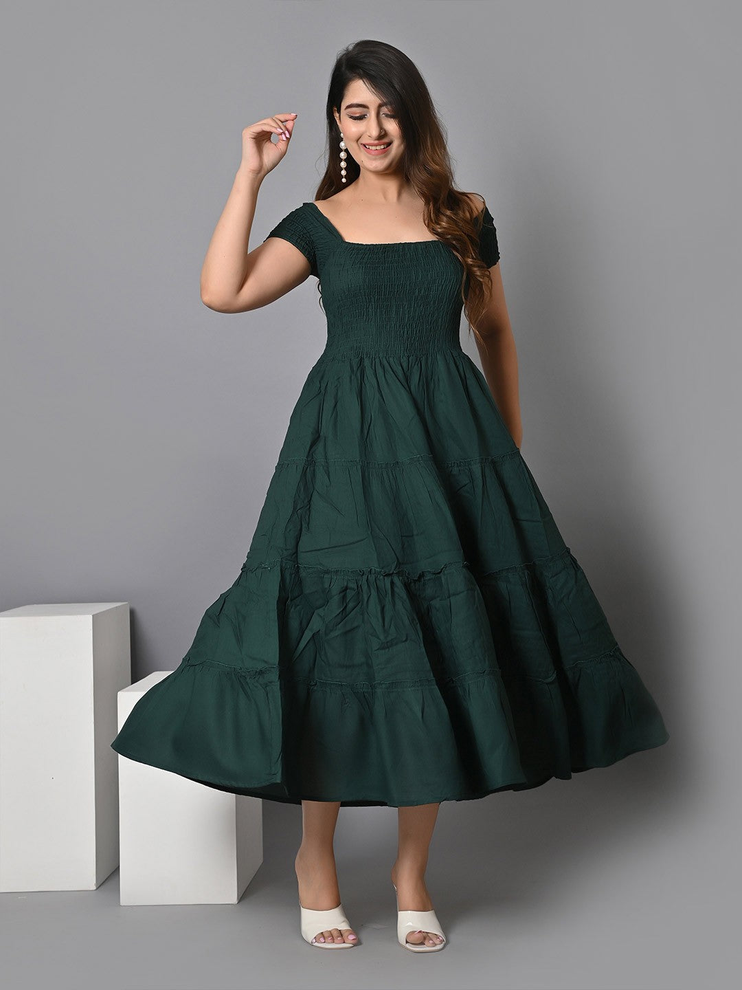 Off Shoulder Smocked Tiered Fit & Flare Midi Dress