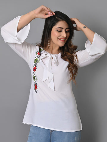 Floral Embroidered Tie-Up Neck Bell Sleeves Top