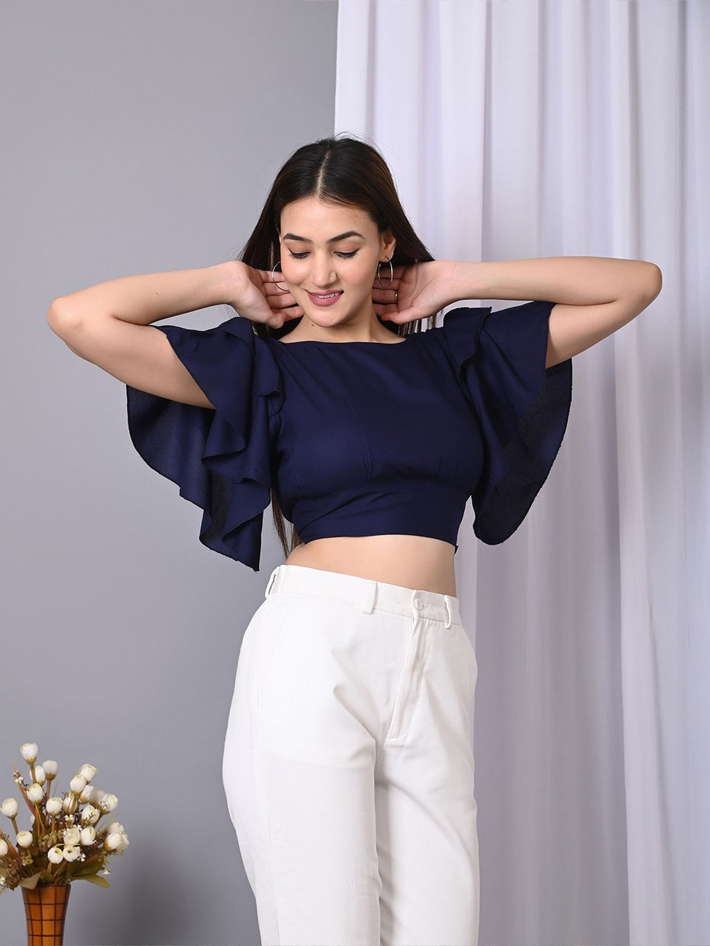 Flutter Women Solid Flutter Sleeve Ruffles Crop Top