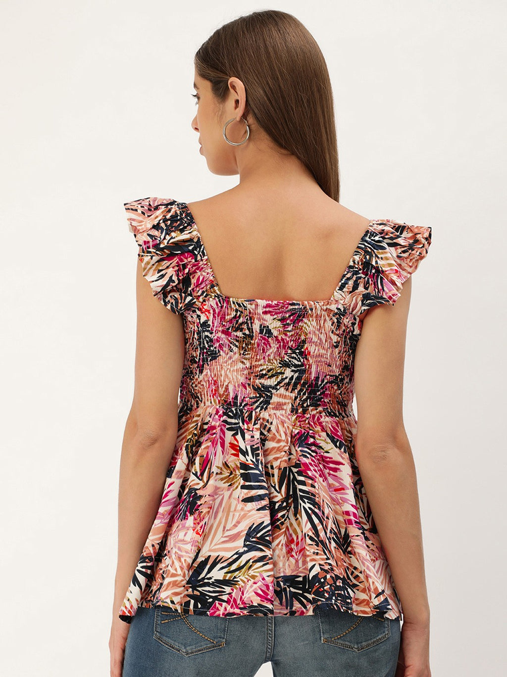 Tropical Print Twisted Smocked Top