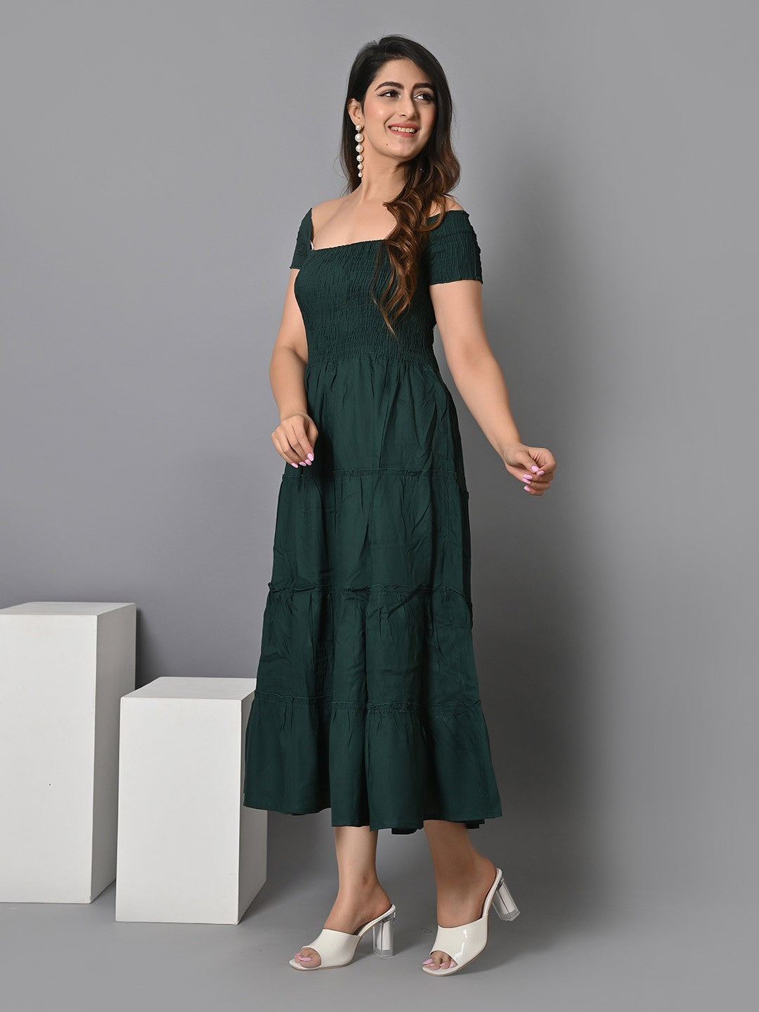 Off Shoulder Smocked Tiered Fit & Flare Midi Dress
