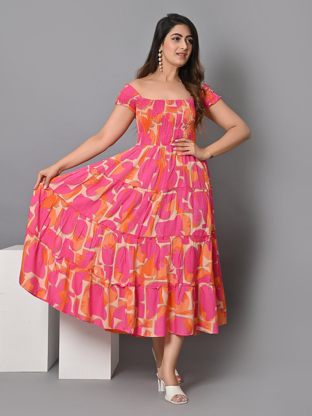 Geometric Printed Square Neck A-Line Dress