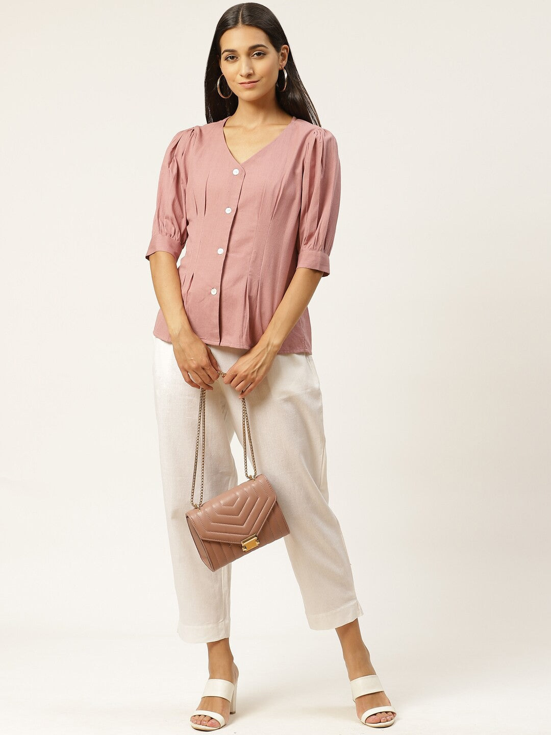 Women Peach-Coloured V-Neck Shirt-Style Top