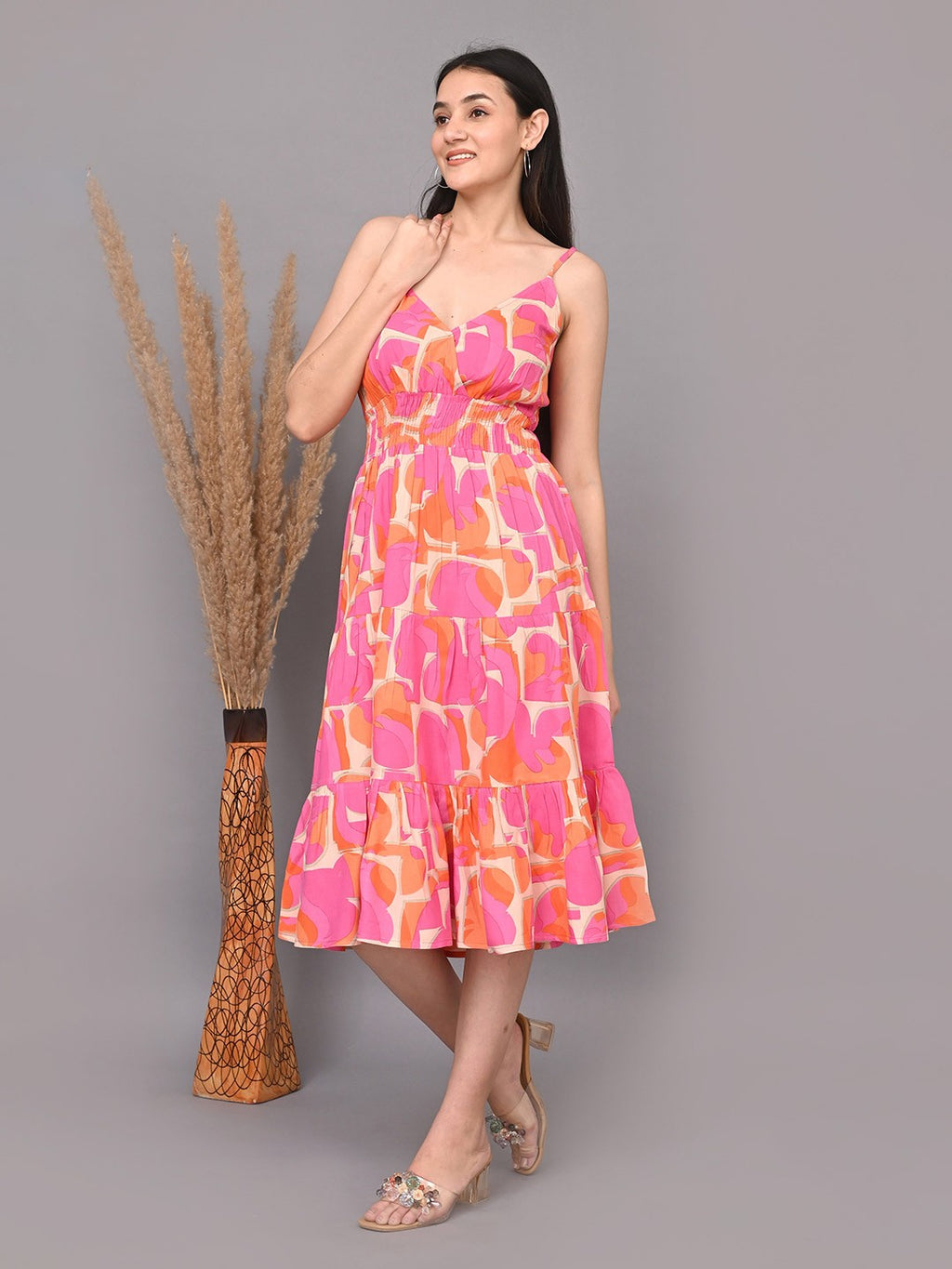 Abstract Printed Shoulder Straps Smocked Fit & Flare Dress