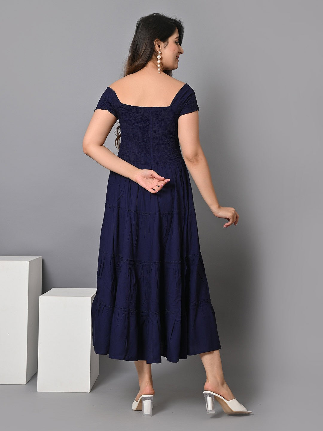 Square Neck Smocked Tiered Fit & Flare Midi Dress