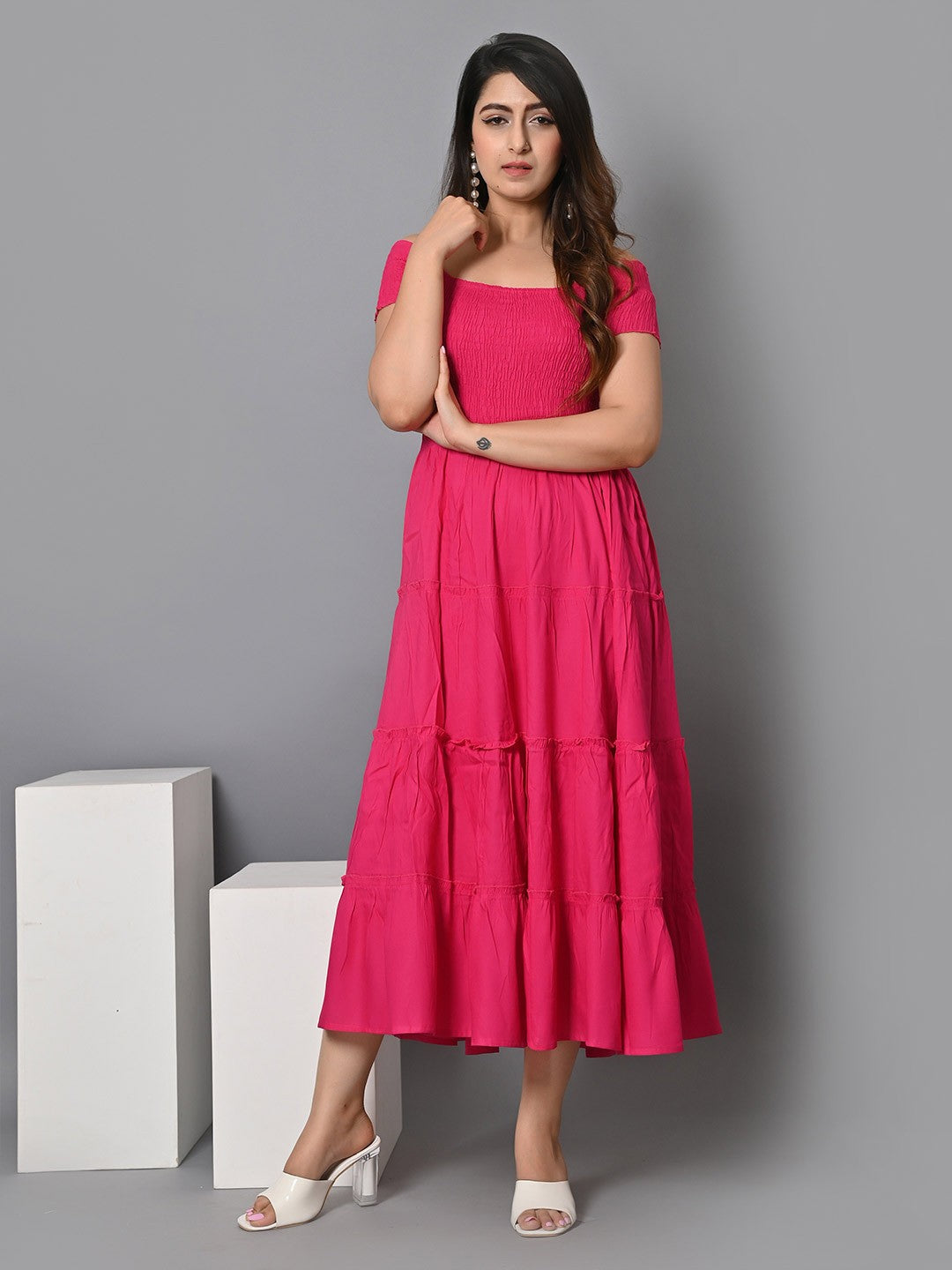 Off Shoulder Smocked Tiered Fit & Flare Midi Dress