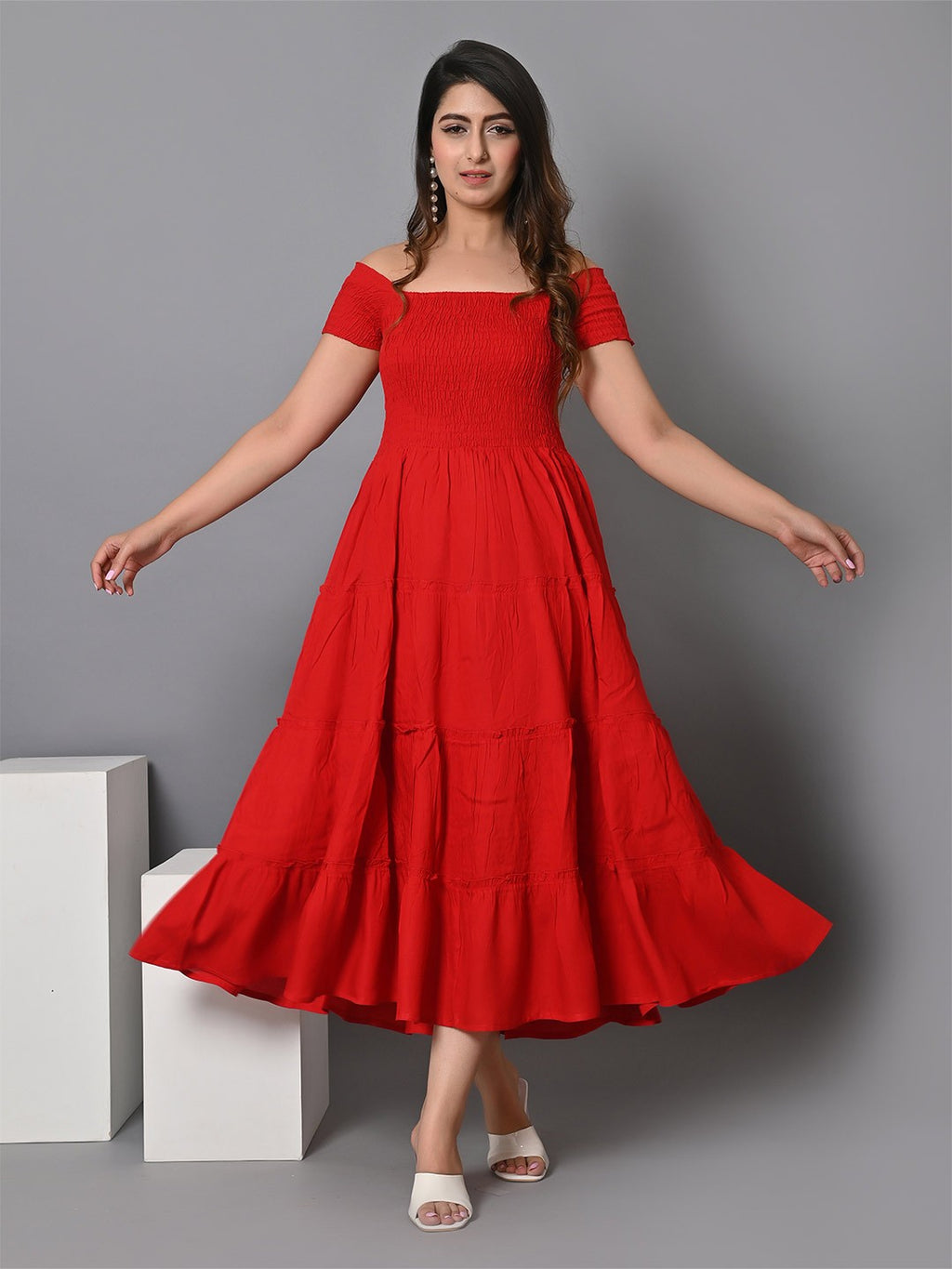 Off Shoulder Smocked Tiered Fit & Flare Maxi Dress