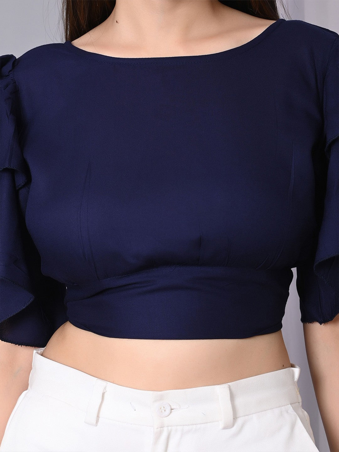 Flutter Women Solid Flutter Sleeve Ruffles Crop Top