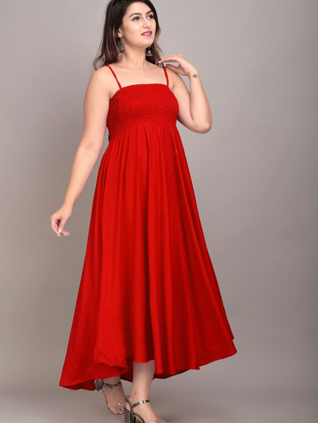 Red Solid Smocked Maxi Dress