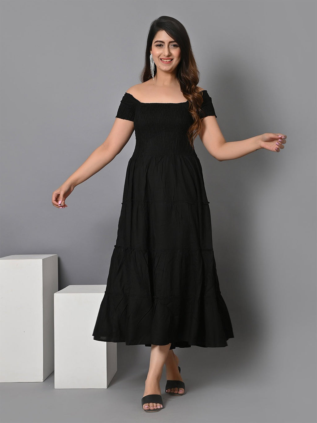 Square Neck Smocked Tiered Fit & Flare Midi Dress