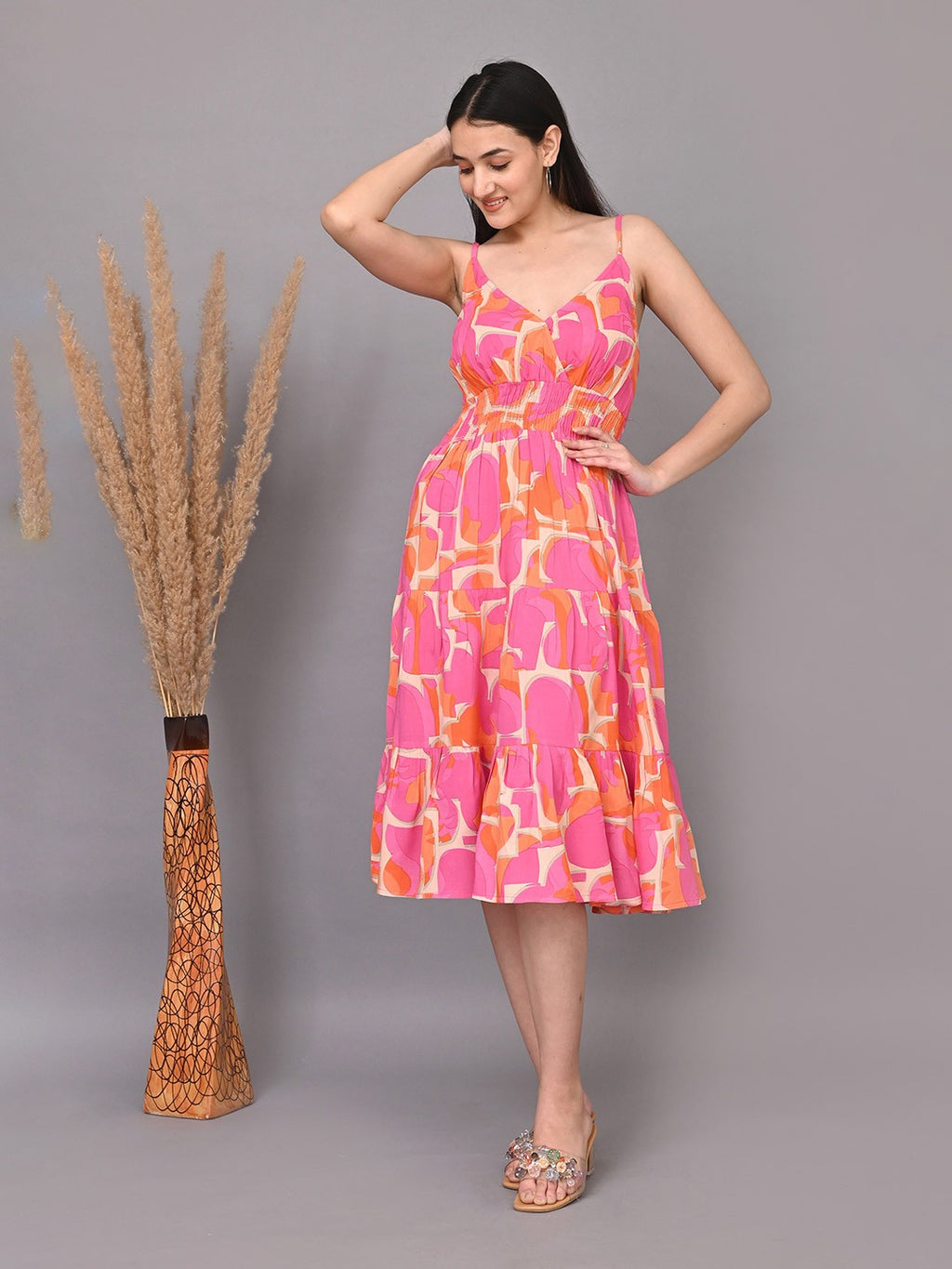 Abstract Printed Shoulder Straps Smocked Fit & Flare Dress